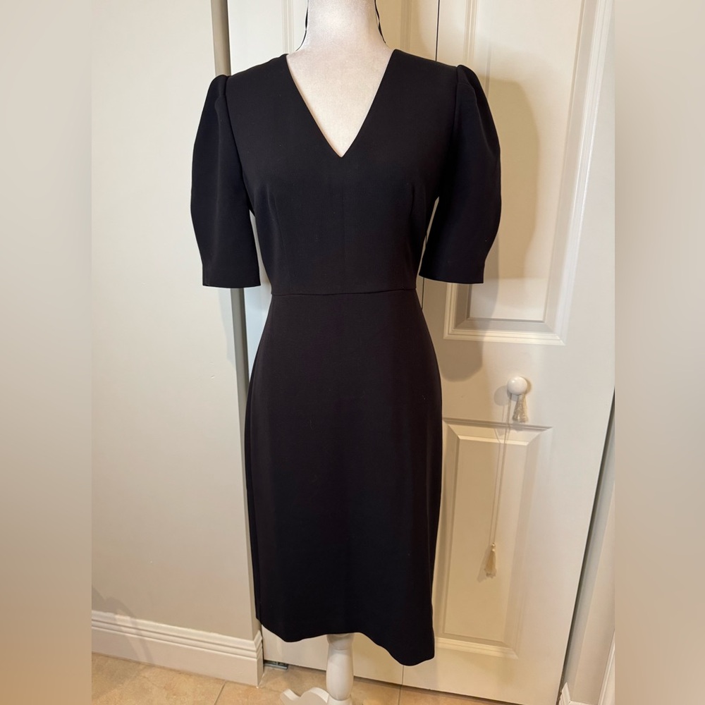 Ann Taylor Black Midi Sheath Dress with V-Neck and Puff Sleeves